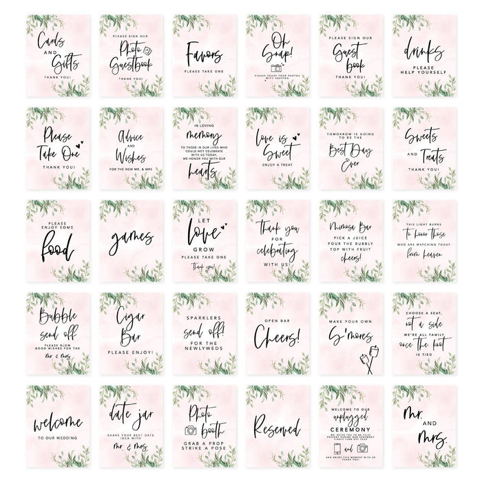 Wedding Signs Bundle Set for Ceremony, Reception Decor Signage-Set of 30-Andaz Press-Greenery Foliage-