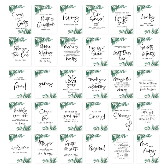 Wedding Signs Bundle Set for Ceremony, Reception Decor Signage-Set of 30-Andaz Press-Greenery Leaves-