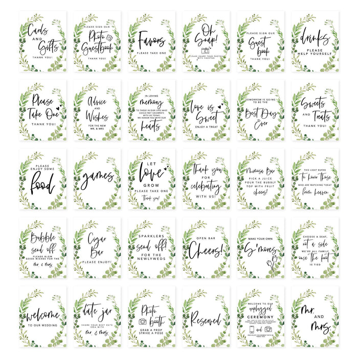 Wedding Signs Bundle Set for Ceremony, Reception Decor Signage-Set of 30-Andaz Press-Greenery Wreath-