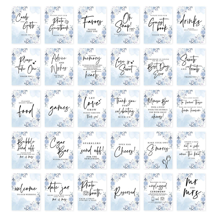 Wedding Signs Bundle Set for Ceremony, Reception Decor Signage-Set of 30-Andaz Press-Icy Blue Roses-