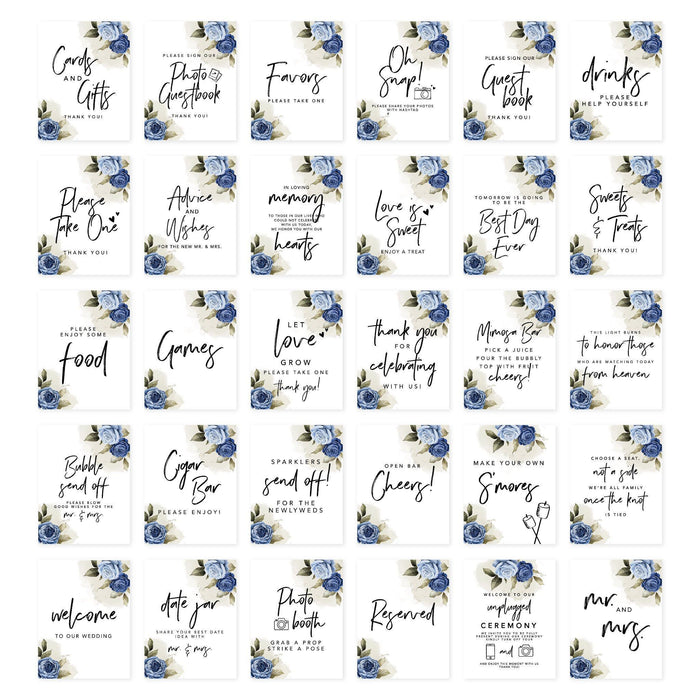 Wedding Signs Bundle Set for Ceremony, Reception Decor Signage-Set of 30-Andaz Press-Light Blue and Navy Blue Roses-
