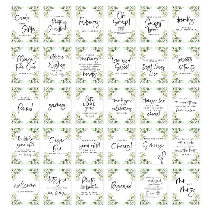 Wedding Signs Bundle Set for Ceremony, Reception Decor Signage-Set of 30-Andaz Press-Minimal Foliage Greenery-
