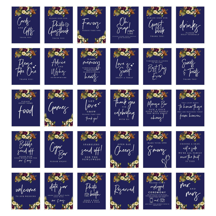 Wedding Signs Bundle Set for Ceremony, Reception Decor Signage-Set of 30-Andaz Press-Navy Blue Fall Florals-