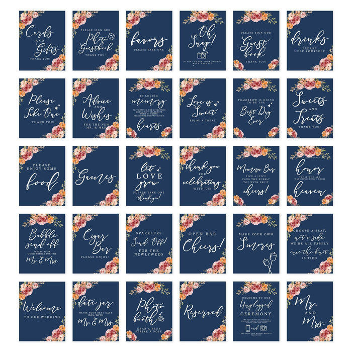 Wedding Signs Bundle Set for Ceremony, Reception Decor Signage-Set of 30-Andaz Press-Navy Blue with Orange Pink Fall Watercolor Flowers-
