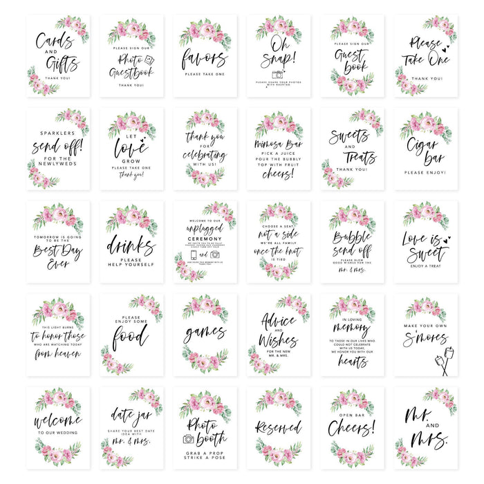 Wedding Signs Bundle Set for Ceremony, Reception Decor Signage-Set of 30-Andaz Press-Pink Watercolor Florals-
