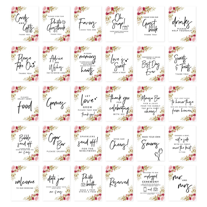 Wedding Signs Bundle Set for Ceremony, Reception Decor Signage-Set of 30-Andaz Press-Pink and Burgundy Florals-