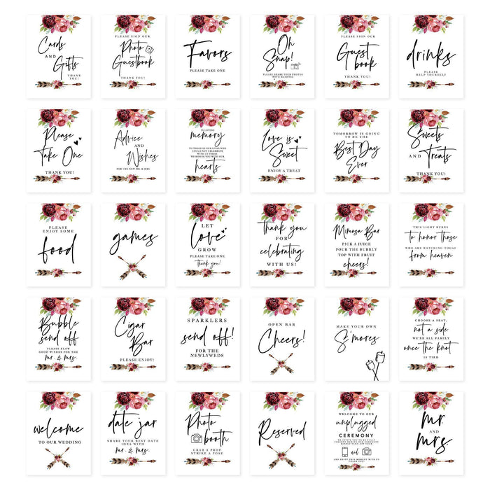 Wedding Signs Bundle Set for Ceremony, Reception Decor Signage-Set of 30-Andaz Press-Pink and Burgundy Watercolor Roses-