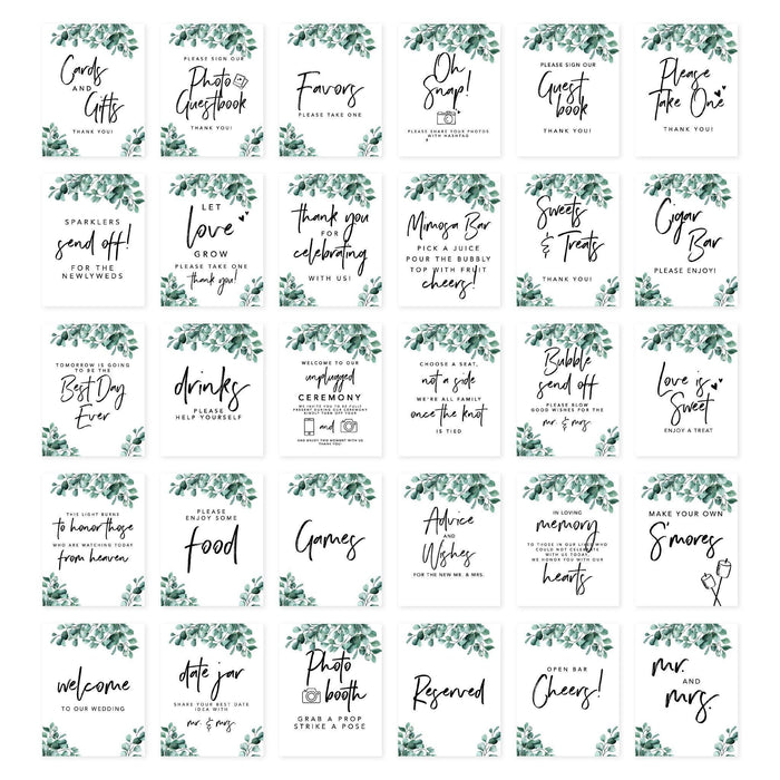 Wedding Signs Bundle Set for Ceremony, Reception Decor Signage-Set of 30-Andaz Press-Silver Dollar Eucalyptus-
