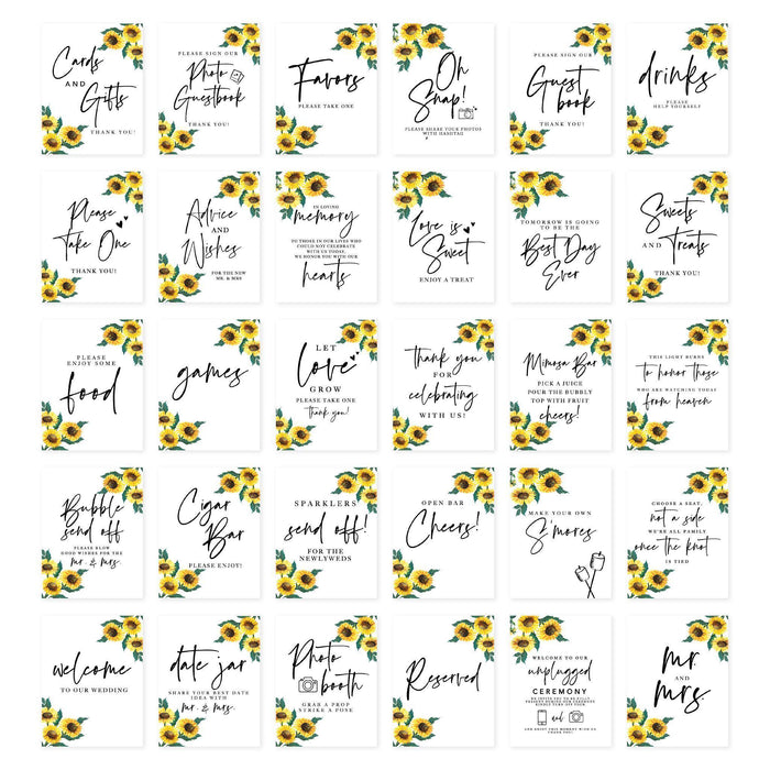 Wedding Signs Bundle Set for Ceremony, Reception Decor Signage-Set of 30-Andaz Press-Sunflowers-