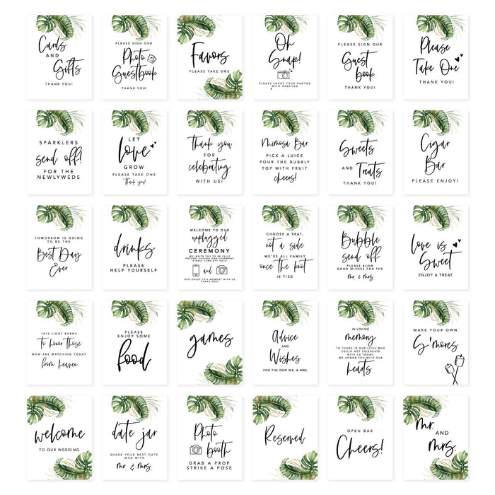 Wedding Signs Bundle Set for Ceremony, Reception Decor Signage-Set of 30-Andaz Press-Tropical Monstera Leaves-