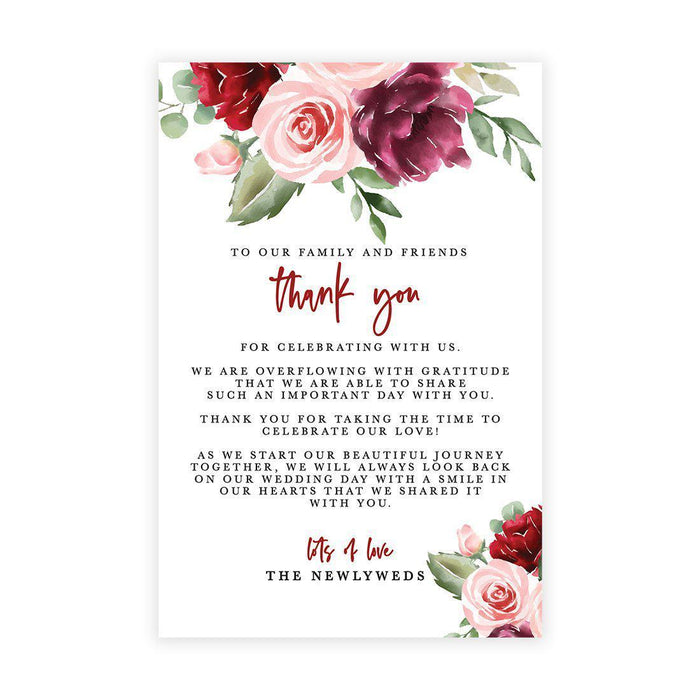 Wedding Thank You Place Setting Cards for Table Reception, Wedding Decoration Seating Design 1-Set of 56-Andaz Press-Blush and Burgundy Floral-