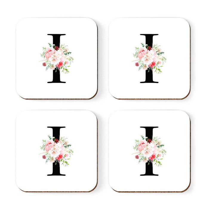 Square Coffee Drink Coasters Gift Set, Blush Floral Monogram-Set of 4-Andaz Press-I-