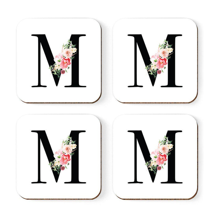 Square Coffee Drink Coasters Gift Set, Blush Floral Monogram-Set of 4-Andaz Press-M-