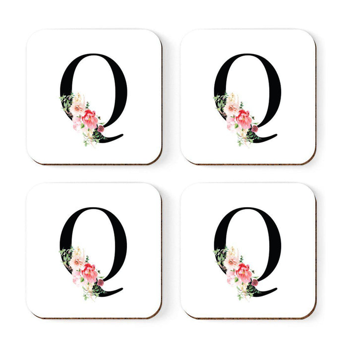 Square Coffee Drink Coasters Gift Set, Blush Floral Monogram-Set of 4-Andaz Press-Q-