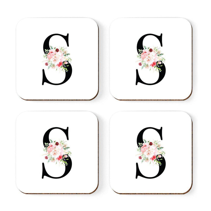 Square Coffee Drink Coasters Gift Set, Blush Floral Monogram-Set of 4-Andaz Press-S-