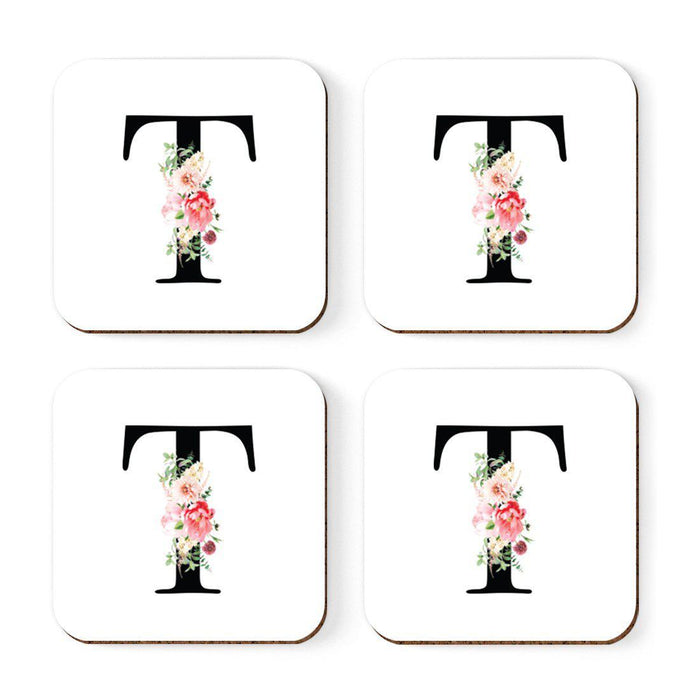Square Coffee Drink Coasters Gift Set, Blush Floral Monogram-Set of 4-Andaz Press-T-