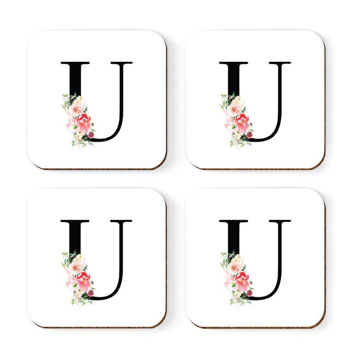 Square Coffee Drink Coasters Gift Set, Blush Floral Monogram-Set of 4-Andaz Press-U-