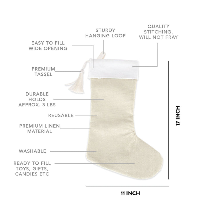 17" Blank Linen Christmas Stocking with Tassel-Andaz Press-Set of 1-Ivory-