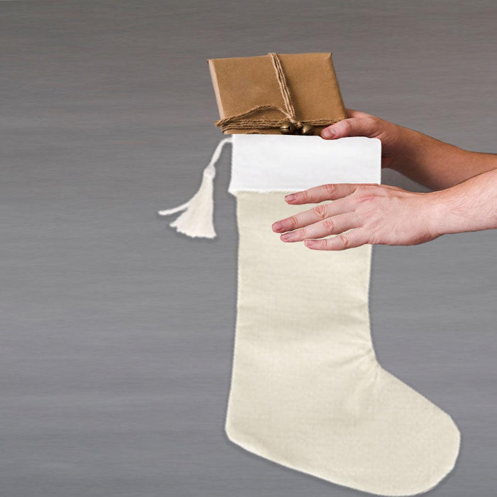 17" Blank Linen Christmas Stocking with Tassel-Andaz Press-Set of 1-Ivory-