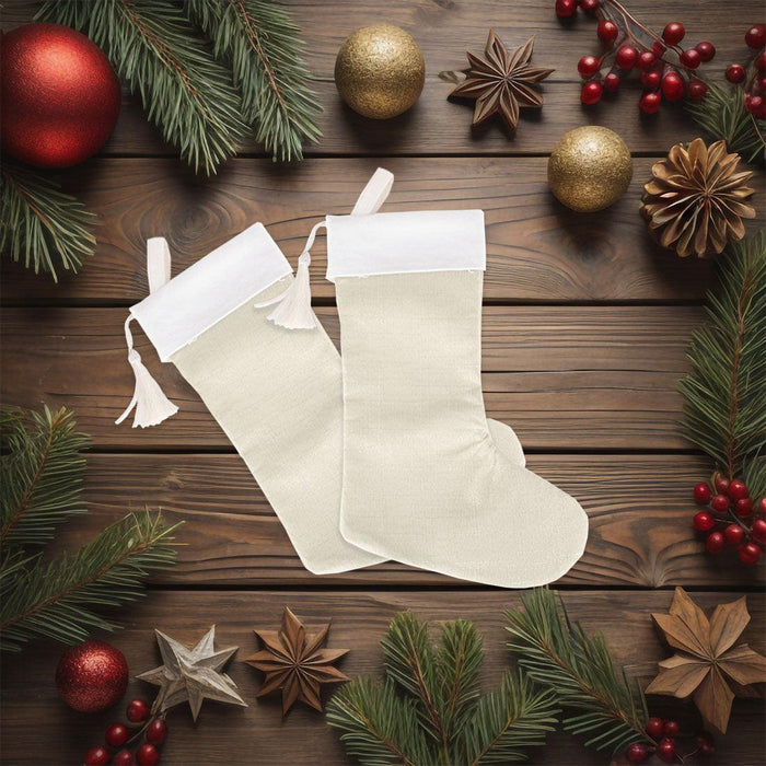 17" Blank Linen Christmas Stocking with Tassel-Andaz Press-Set of 1-Ivory-