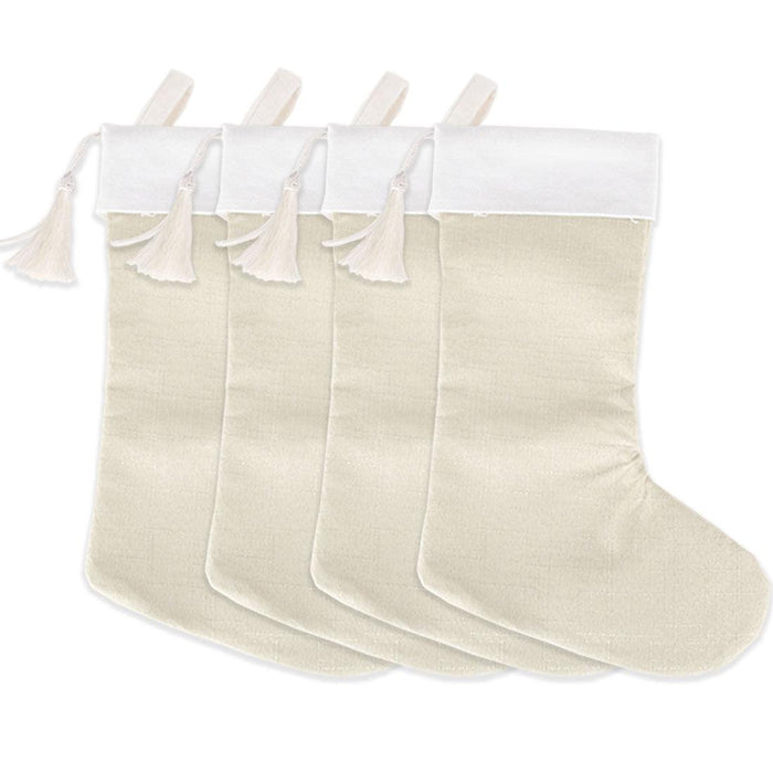 17" Blank Linen Christmas Stocking with Tassel-Andaz Press-Set of 4-Ivory-