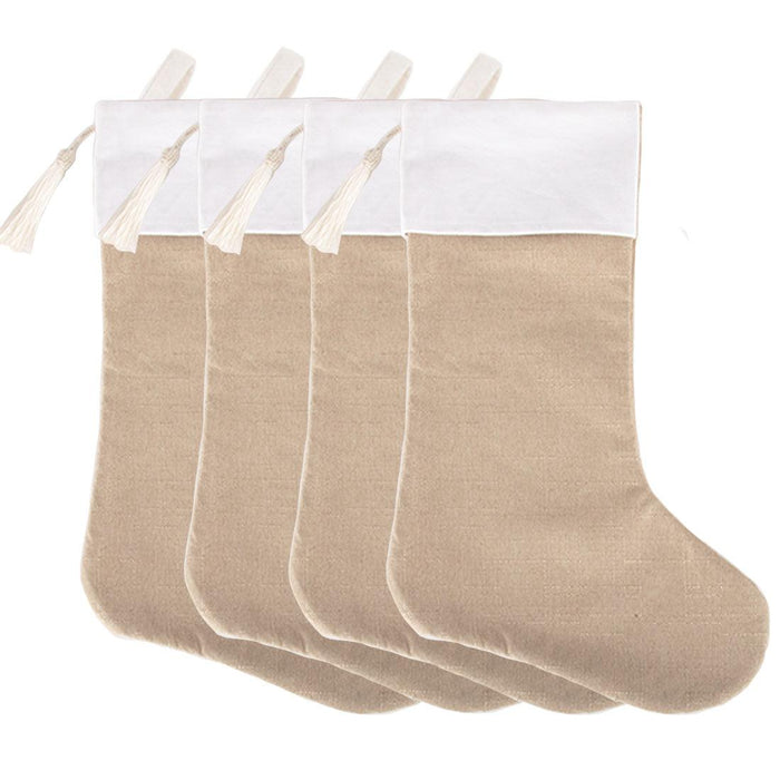 17" Blank Linen Christmas Stocking with Tassel-Andaz Press-Set of 4-Sand-