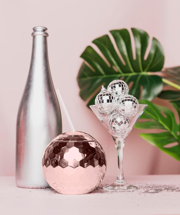 1970s Disco Ball Cup With Straw Bulk Pack-Andaz Press-Gold-Set of 32-