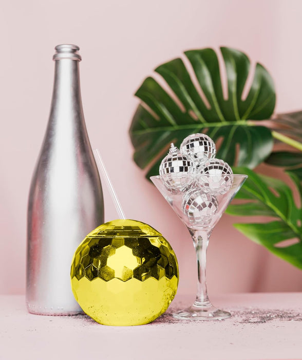 1970s Disco Ball Cup With Straw Bulk Pack-Andaz Press-Gold-Set of 32-