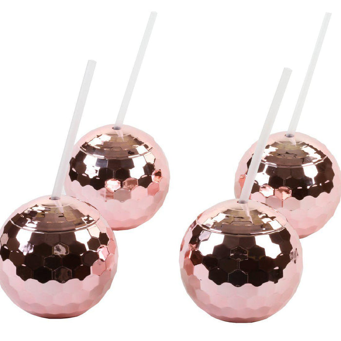 1970s Disco Ball Cup With Straw Bulk Pack-Andaz Press-Rose Gold-Set of 4-