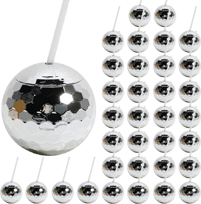 1970s Disco Ball Cup With Straw Bulk Pack-Andaz Press-Silver-Set of 32-