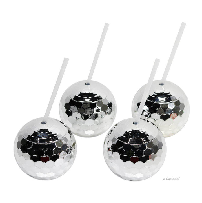 1970s Disco Ball Cup With Straw Bulk Pack-Andaz Press-Silver-Set of 4-