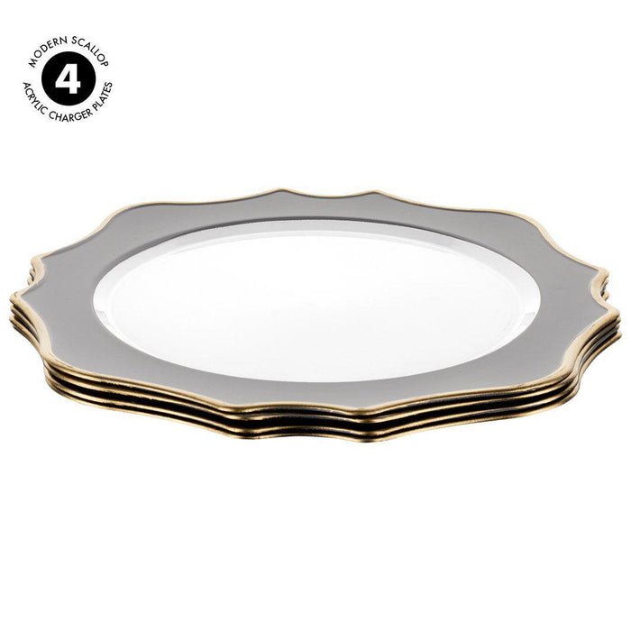 Acrylic Charger Plates Round with Gold Modern Scallop Edge-Koyal Wholesale-Grey - Pack of 4-