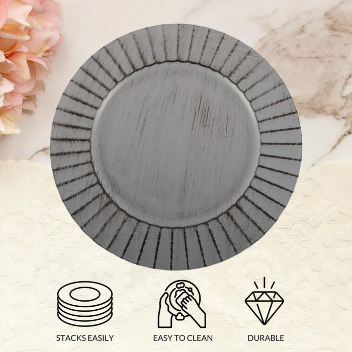 Antique Brushed Ribbed Charger Plates, BULK Set-Koyal Wholesale-Antique Grey-Set of 24-