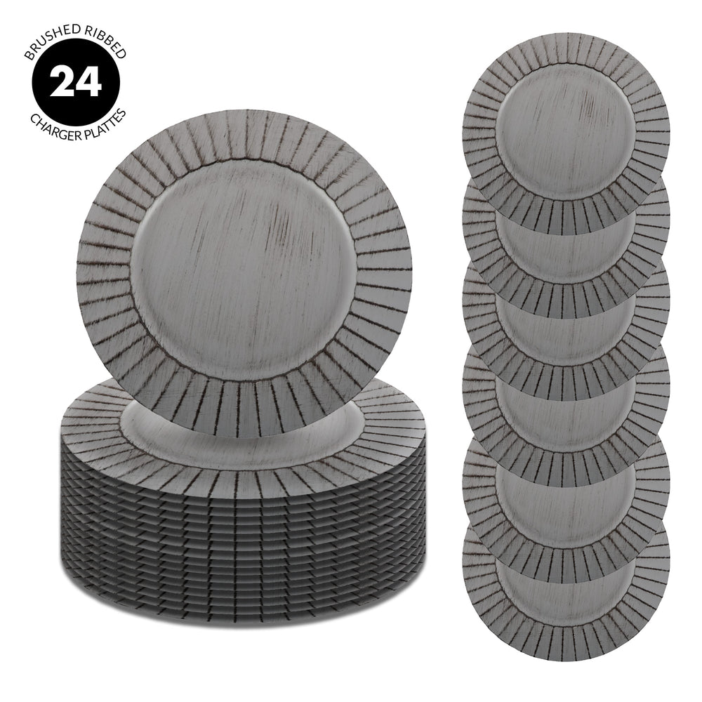 Antique Brushed Ribbed Charger Plates, BULK Set-Koyal Wholesale-Antique Grey-Set of 24-