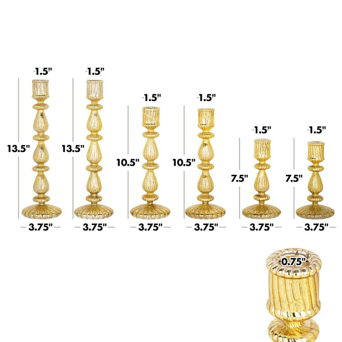 Antique Glass Taper Candle Holders, Candlestick Holders for Wedding Centerpieces, Events & Home Decor-Set of 6-Koyal Wholesale-Gold-