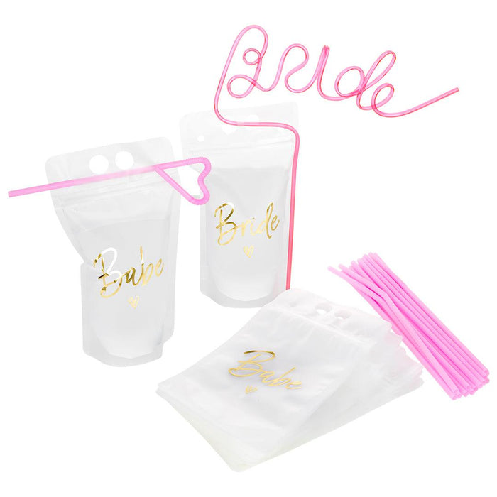 Bachelorette Drink Pouch Cups with Straws, 16 Pack-Set of 16-Andaz Press-Gold-