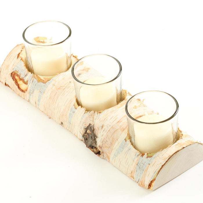 Birch Log Centerpiece with Glass Candle Holders-Set of 1-Koyal Wholesale-