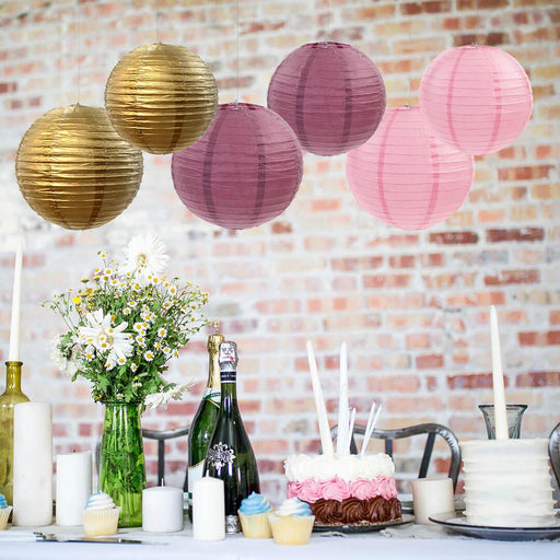Burgundy, Blush Pink, Gold Hanging Paper Lanterns Decorative Kit-Set of 6-Andaz Press-