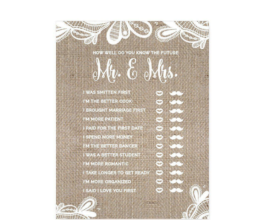 Burlap Lace Wedding Bridal Shower Game Cards-Set of 20-Koyal Wholesale-How Well Do You Know The Future Mr./Mrs.?-