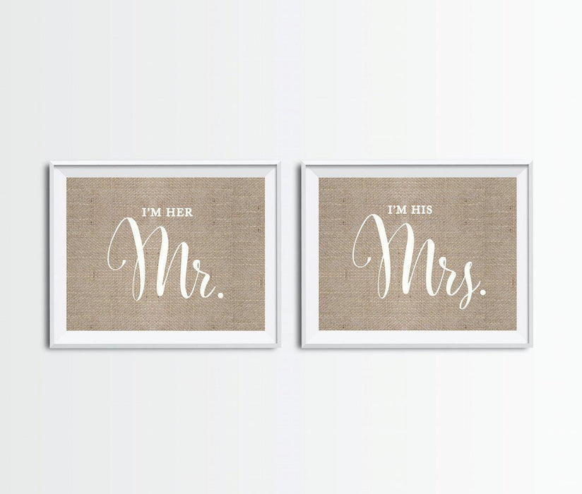 Burlap Wedding Party Signs, 2-Pack-Set of 2-Andaz Press-I'm Her Mr., I'm His Mrs.-