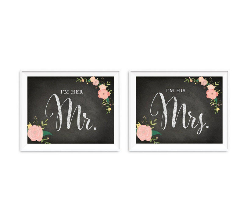 Chalkboard & Floral Roses Wedding Party Signs, 2-Pack-Set of 2-Andaz Press-I'm Her Mr., I'm His Mrs.-