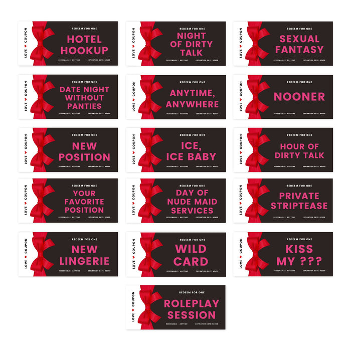 Couples Coupons-Set of 16-Andaz Press-Red Bow Redeem For One Sexy-