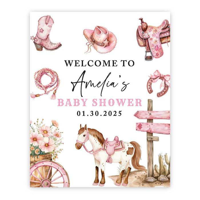 Custom Adventure Baby Shower Sign: Woodland Animals Theme-Set of 1-Andaz Press-Pink Western Theme-