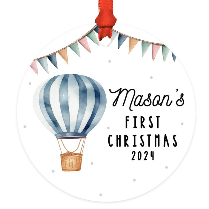 Custom Baby First Christmas Ornament Metal Hot Air Balloon for Boys, Girls Christmas Tree Decor-Set of 1-Andaz Press-Red Striped-