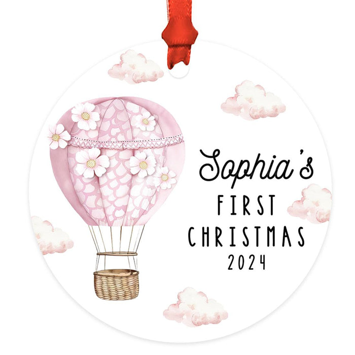 Custom Baby First Christmas Ornament Metal Hot Air Balloon for Boys, Girls Christmas Tree Decor-Set of 1-Andaz Press-Red Striped-
