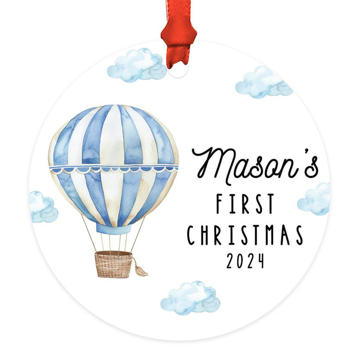 Custom Baby First Christmas Ornament Metal Hot Air Balloon for Boys, Girls Christmas Tree Decor-Set of 1-Andaz Press-Red Striped-
