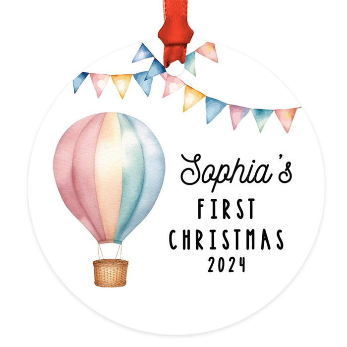 Custom Baby First Christmas Ornament Metal Hot Air Balloon for Boys, Girls Christmas Tree Decor-Set of 1-Andaz Press-Red Striped-
