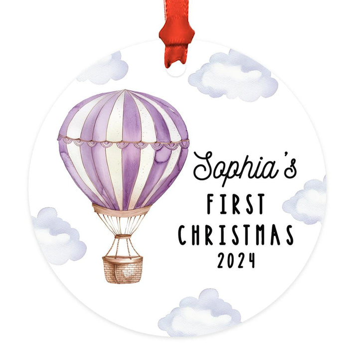 Custom Baby First Christmas Ornament Metal Hot Air Balloon for Boys, Girls Christmas Tree Decor-Set of 1-Andaz Press-Red Striped-