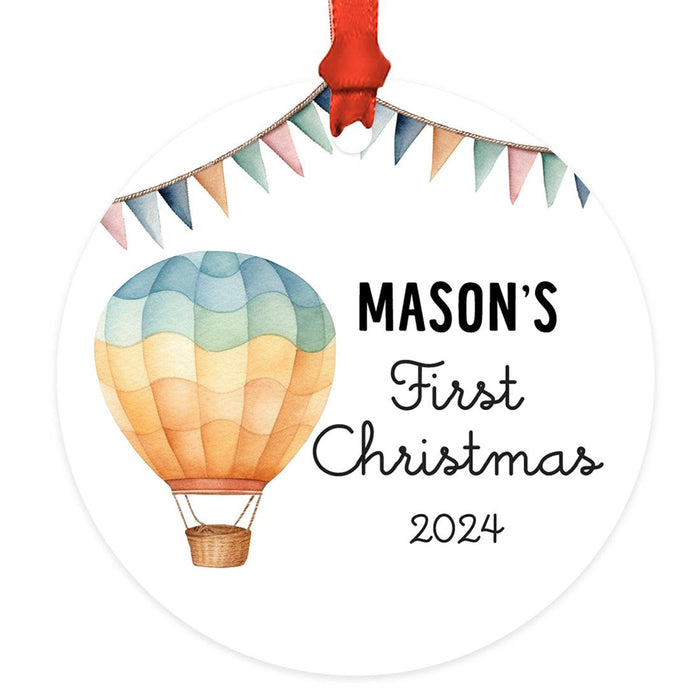 Custom Baby First Christmas Ornament Metal Hot Air Balloon for Boys, Girls Christmas Tree Decor-Set of 1-Andaz Press-Red Striped-