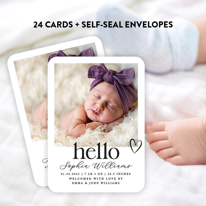 Custom Baby Photo Announcement Cards with Envelopes for Keepsake Notes, Set of 24-Set of 24-Andaz Press-Hello Heart-